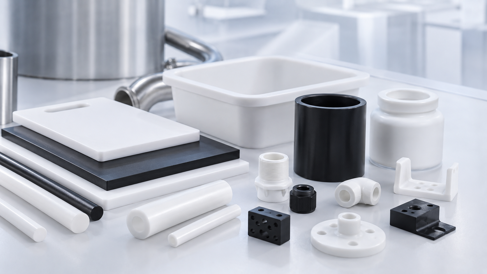 HDPE polyethylene sheets, jerry cans, bottles, pump dispensers and machined parts.