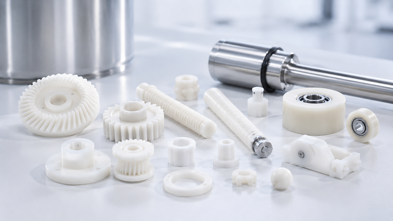 Nylon PA6/66 machined gears, bushings, threaded rods and bearing assemblies.