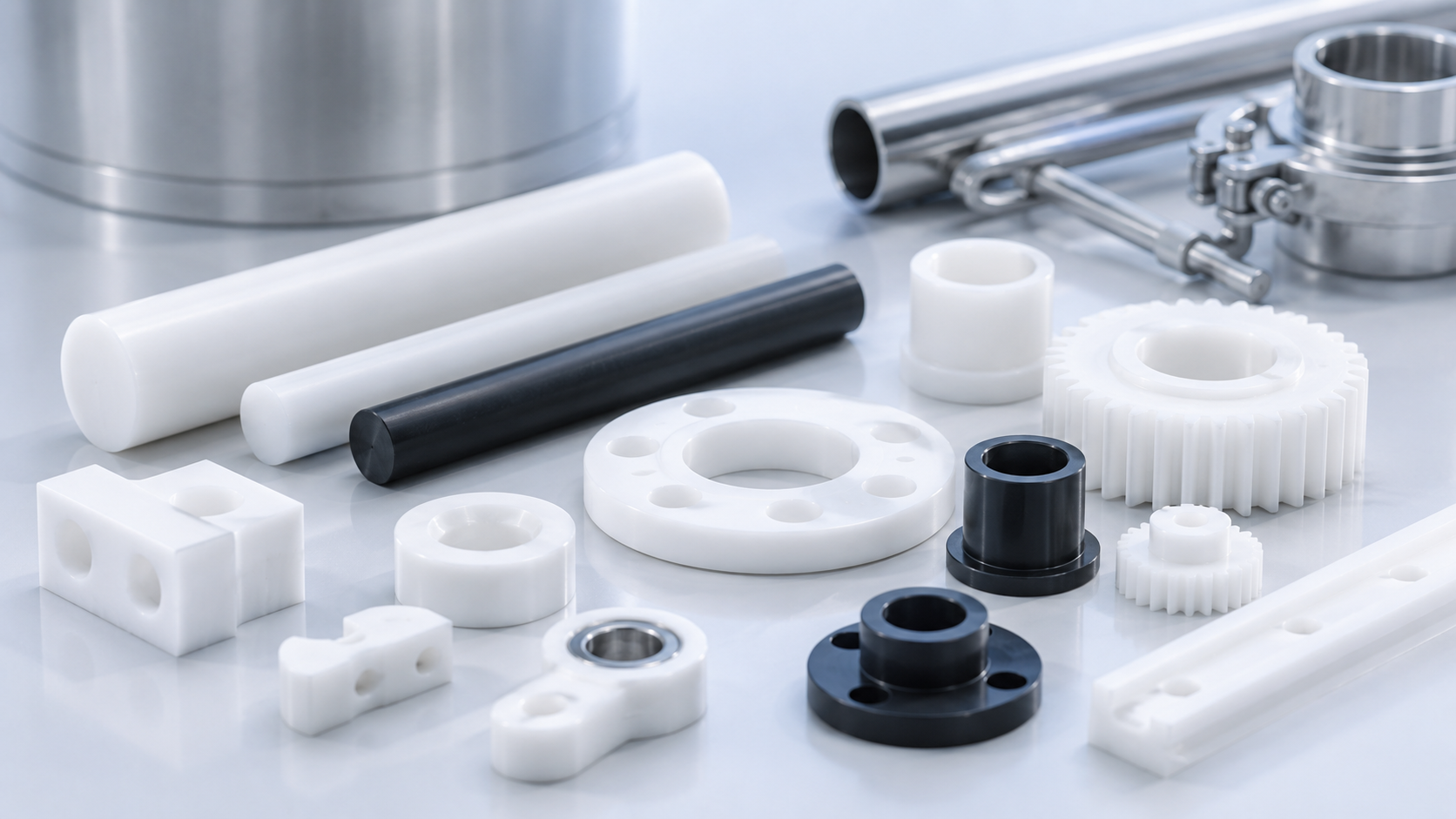 POM Delrin machined components — gears, bushings, flanges in natural white and black grades.