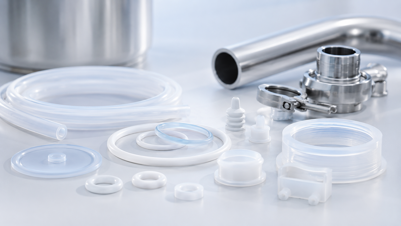 Silicone food-grade tubing, gaskets and stainless steel equipment.